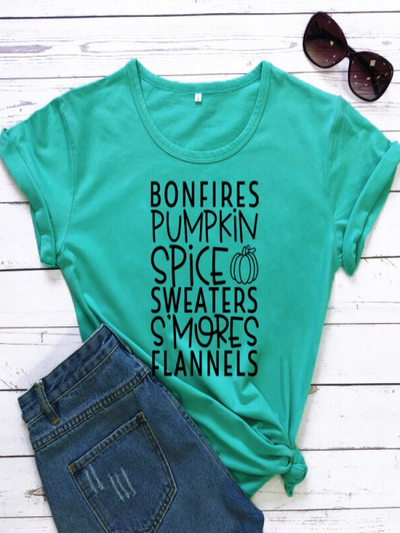 Women's "Bonfires, Pumpkin Spice, Sweaters, S'mores, Flannels" Short-Sleeved Top - Mia Belle Girls - aqua