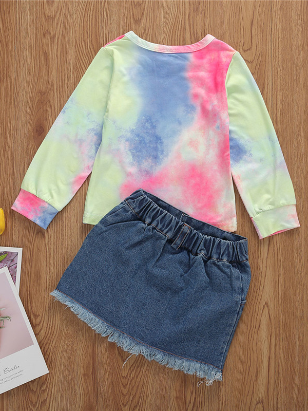 Girls Tie-Dye Sweater and Denim Skirt Set