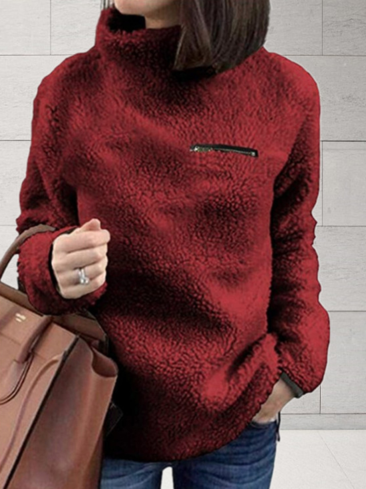 Women's Ultra Plush Turtleneck Zipper Chest Pocket Sweater Burgundy