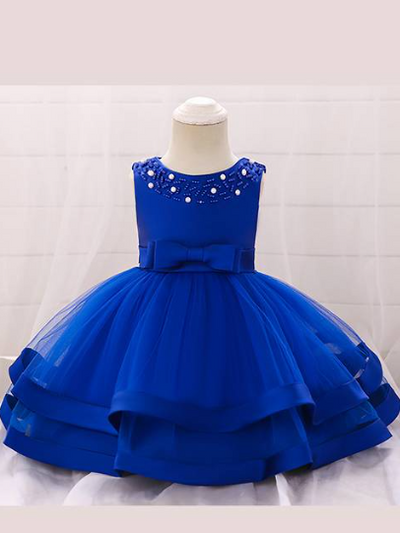 Baby dress features beautiful beads on the bodice, voile with satin hem-blue