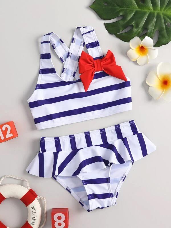 Cute Toddler Swimsuits | Girls Navy Striped Skirted Two Piece Swimsuit