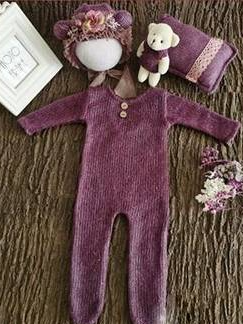 Baby Photoshoot Onesie with Cap, Pillow and Doll Set-Burgundy