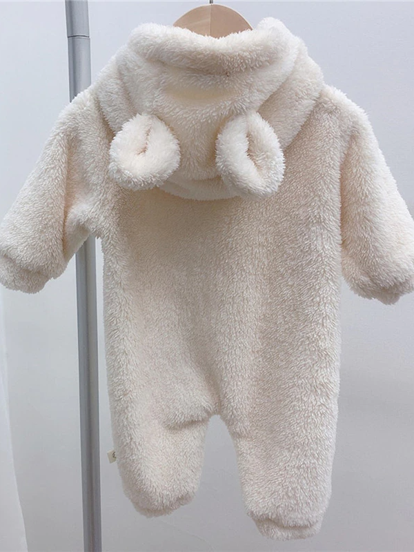 Baby Fuzzy Bear Fleece Hood Onesie Ivory