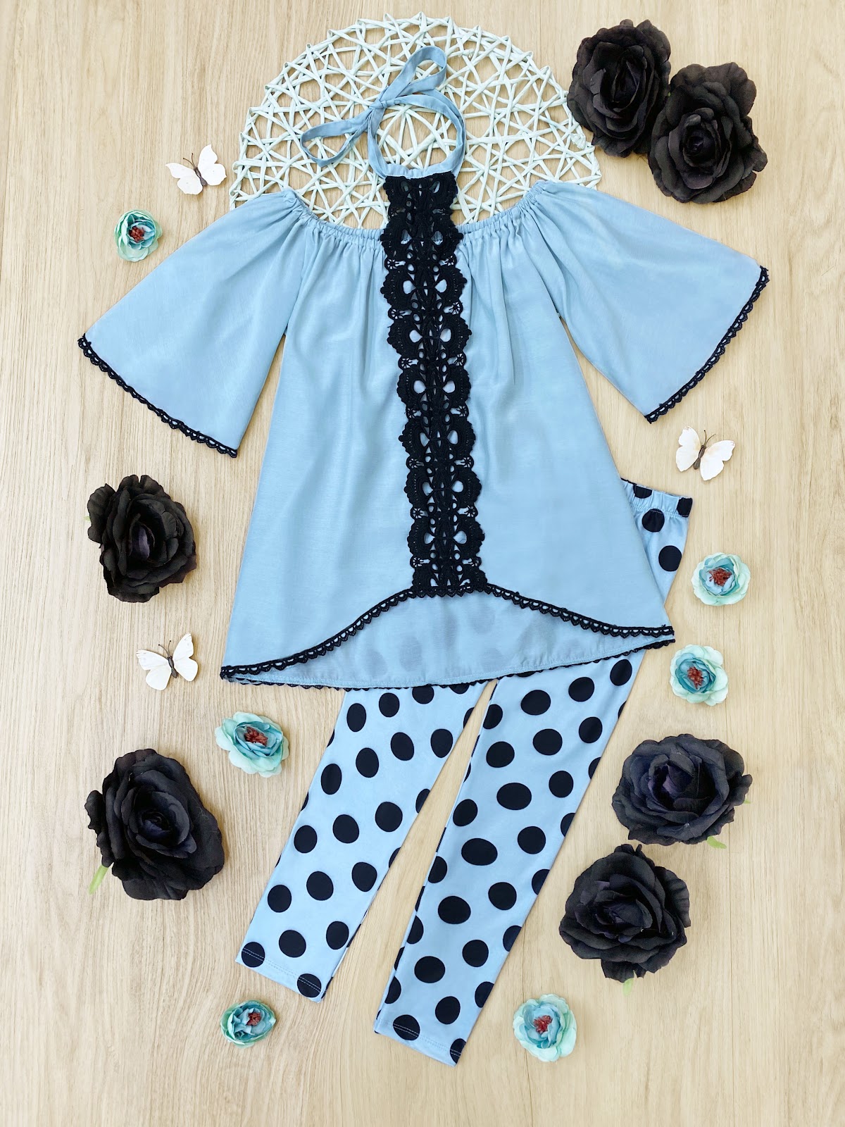 Toddler Spring Outfit | Mint Lace Accent Tunic & Polka Dot Legging Set
