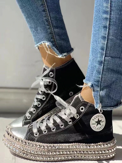 Women's Studded High Top Canvas Sneakers By Liv and Mia- Mia Belle Girls - Black