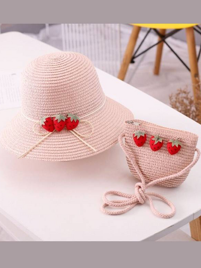 Girls Strawberry Straw Hat with Matching Purse