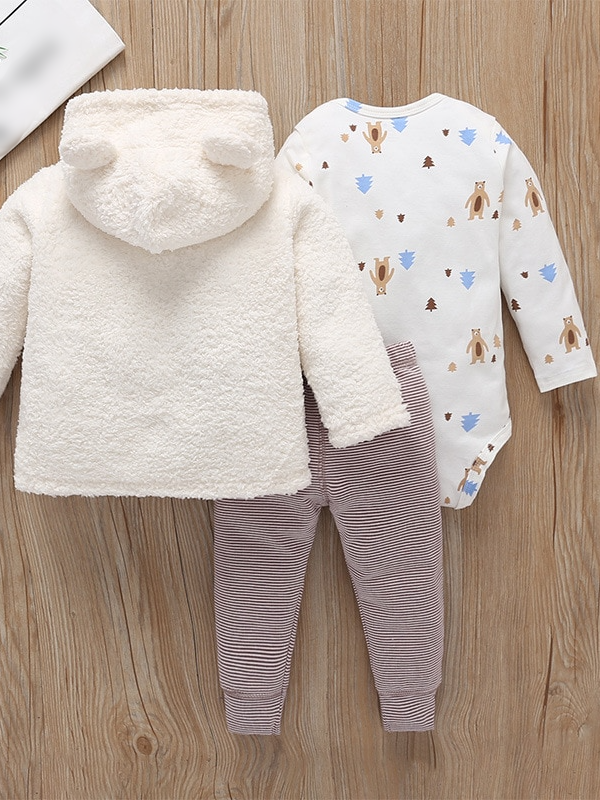 Baby Comfy Autumn Bear Hooded Jacket, Onesie, And Legging Set