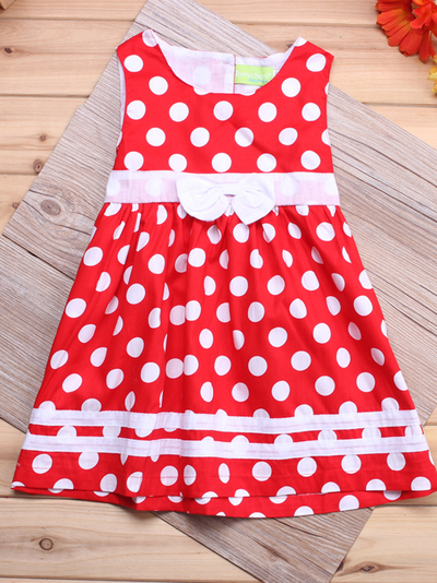 Baby red summer dress has a cute white polka dot print, a white bow at the waist and comes with matching bloomers