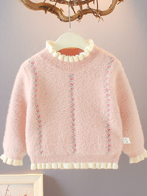 Girls Floral Fuzzy Sweater - Pink