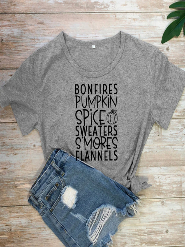 Women's "Bonfires, Pumpkin Spice, Sweaters, S'mores, Flannels" Short-Sleeved Top - Mia Belle Girls - grey
