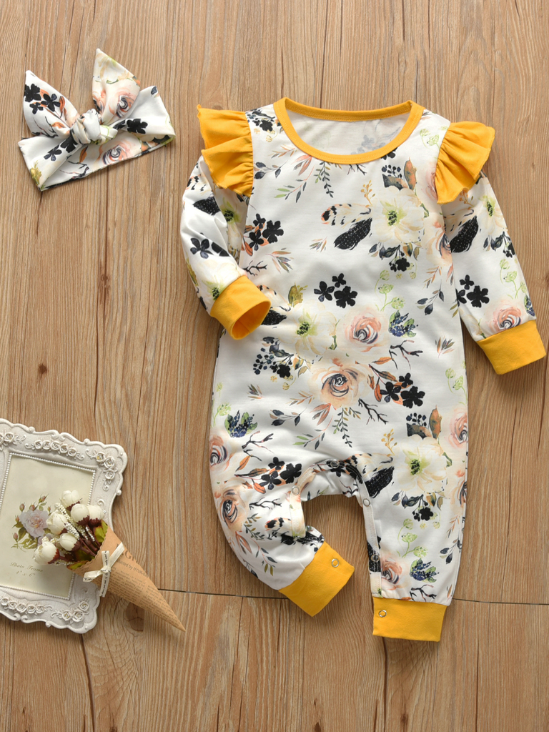 Baby Floral Funtime Long Sleeve Ruffle Romper Onesie Yellow