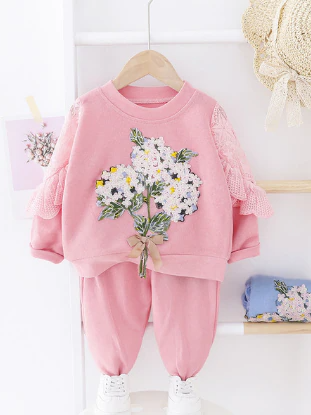 Baby Beautiful Bouquet Lace Long Sleeve Sweatshirt and Pants Set Pink