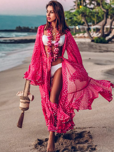 Women's Hot Pink Polka Dot Ruffle Kimono Cover Up