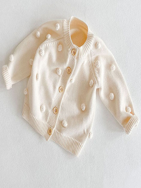 Baby I Dot This Pompom Button-Down Cardigan Beige