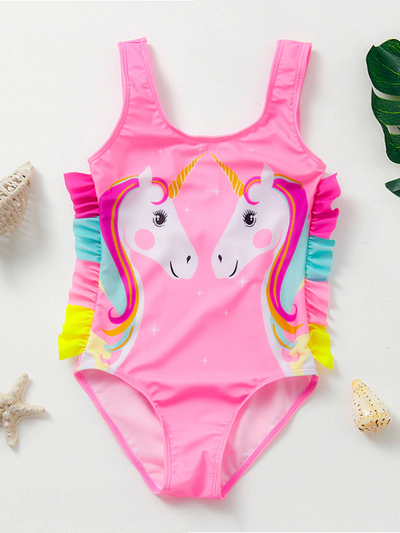 Kids One Piece Swimwear | Girls Pink Rainbow Unicorn Ruffle Swimsuit