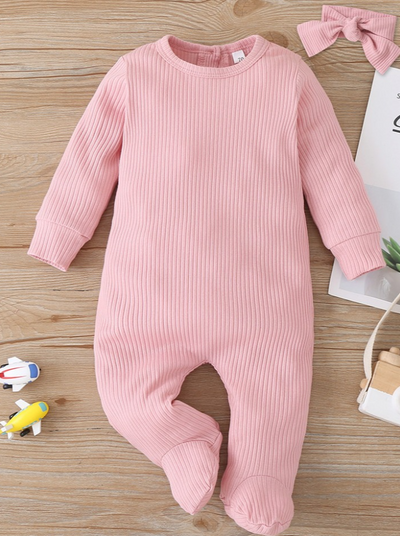 Baby Playtime Long Sleeve Ribbed Footie Onesie With Headband Pink