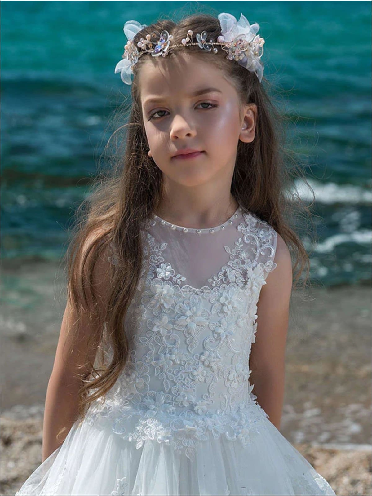 Mia Belle Girls Communion Dresses | White Tiered Gown With Train