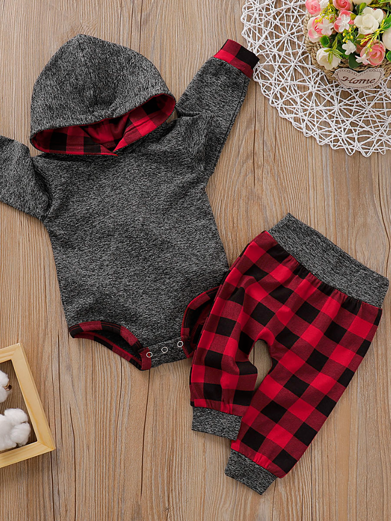 Baby Checkered Plaid Playtime Hooded Bodysuit And Pants Set Red