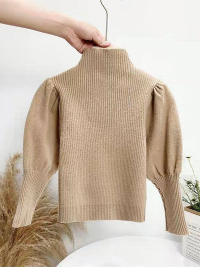 Toddlers Fall Tops | Girls Long Puff  Sleeve Turtleneck Rib Knit Top