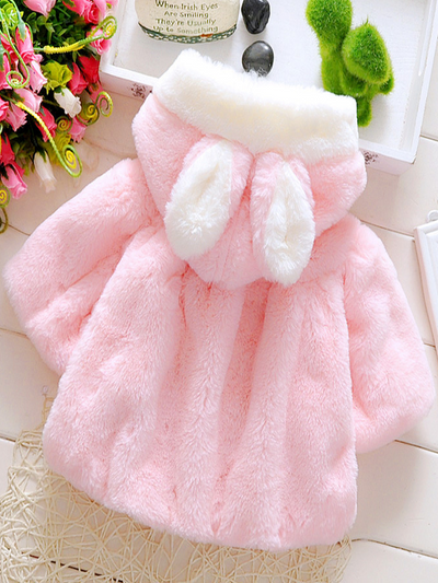 Baby Snow Bunny Ear Hooded Fleece Coat - Pink