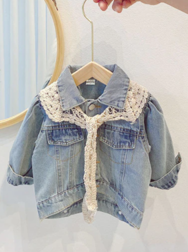 Kids Denim Clothes | Box Crochet Knit Denim Jacket | Mia Belle Girls