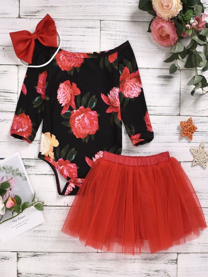 Baby Floral Onesie Tutu Skirt and Headband Set - Mia Belle Girls