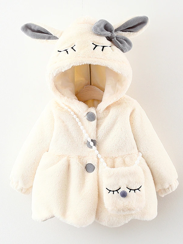 Baby Busy Bunny Ear Hooded Button Down Fleece Coat with Purse Pocket - Creme