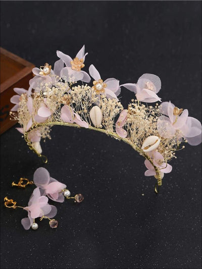 Flower & Seashell Mermaid Inspired Halo Tiara & Earrings Set - Pink / One Size - Tiara