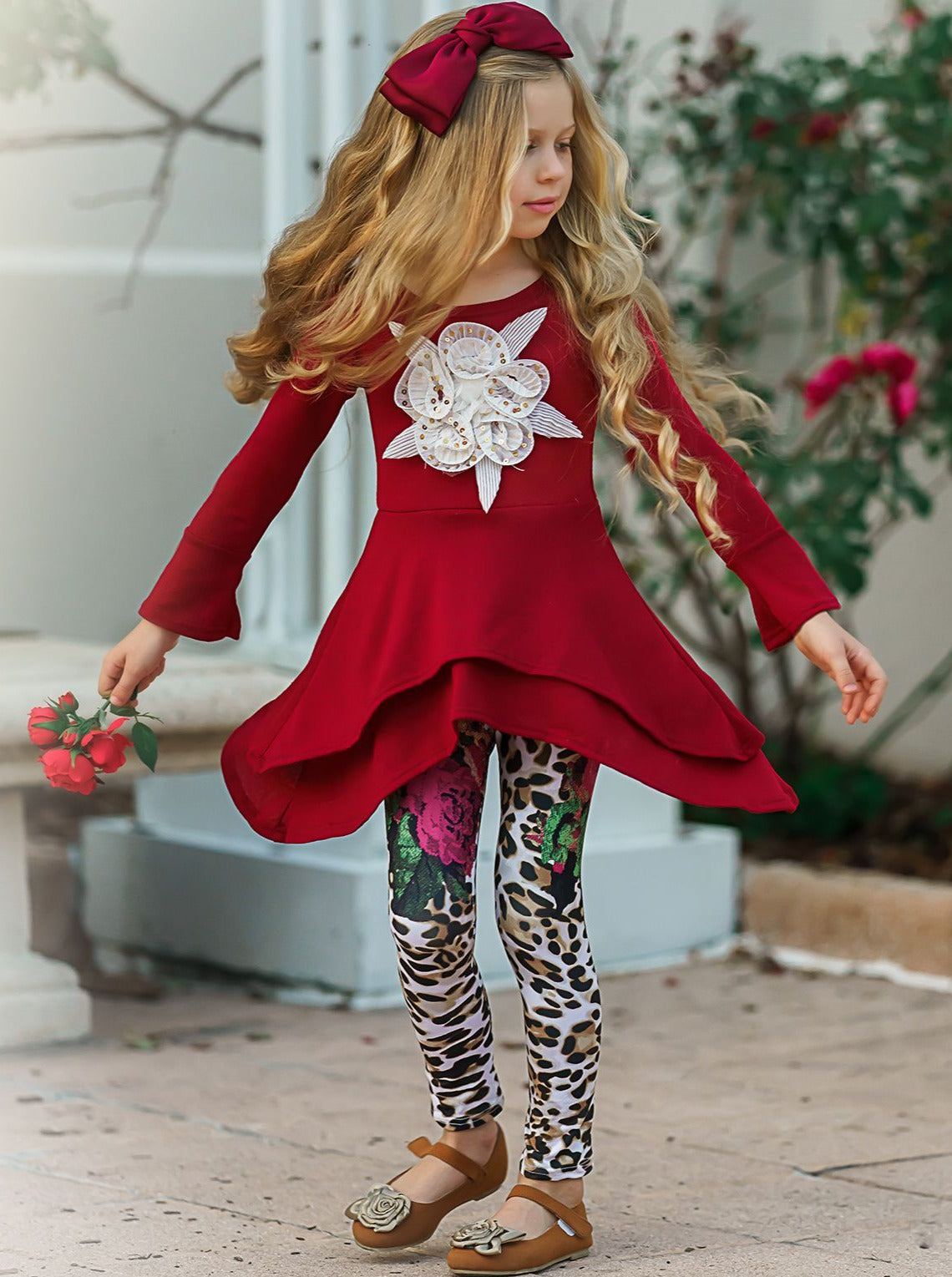 Girls Double Tiered Side Tail Applique Tunic & Printed Leggings Set