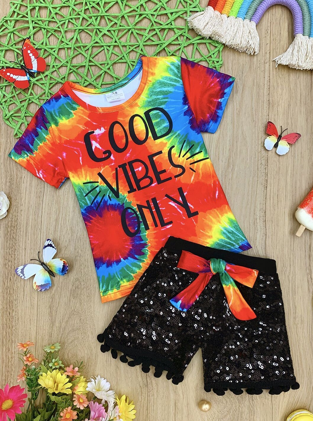 Girls "Good Vibes Online" Tie Dye Top and Bow Sequin Short Set