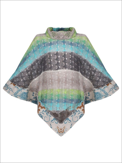 Girl Knit Turtle Neck Crochet Tasseled Poncho Top - Blue / 2T/3T - Girls Poncho
