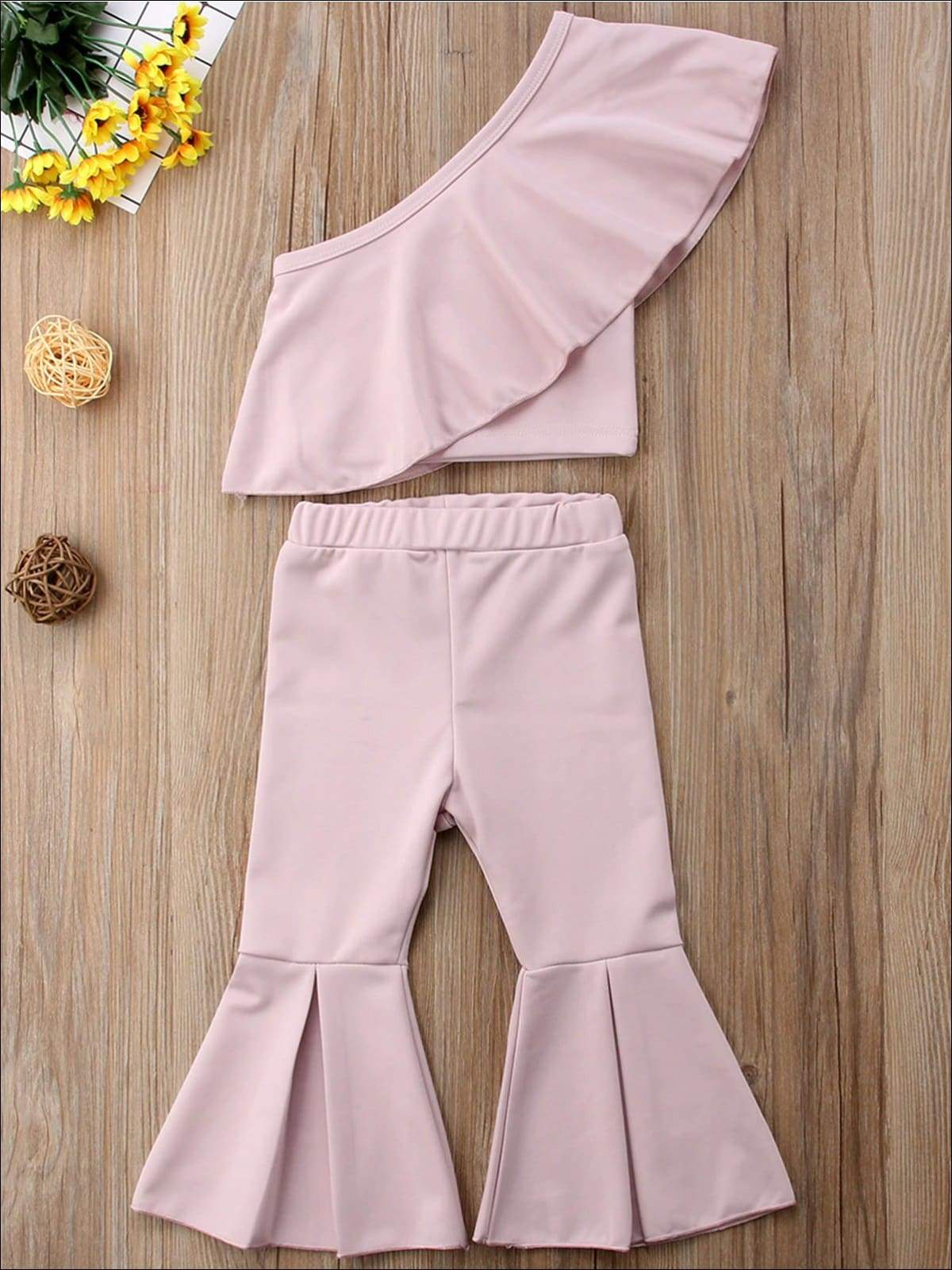 Girl Pink One Shoulder Ruffled Top & Bell Bottom Pants Set - Girls Spring Casual Set