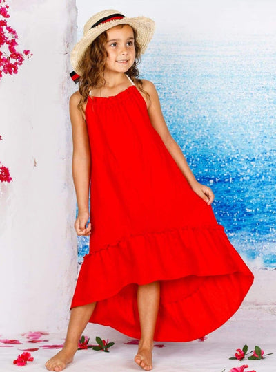 Girl Sleeveless Halter Strap Hi-Low Ruffle Maxi Dress - Red / 4T/5Y - Girls Spring Casual Dress