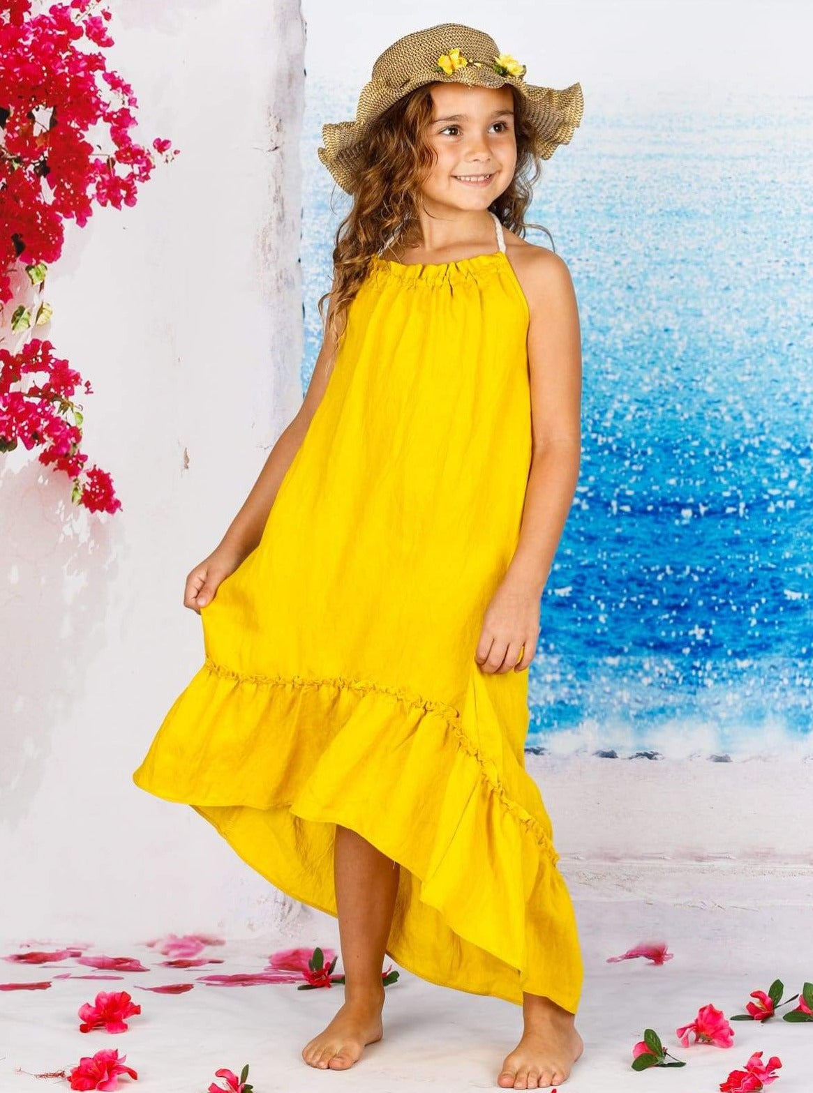 Girl Sleeveless Halter Strap Hi-Low Ruffle Maxi Dress - Yellow / 4T - Girls Spring Casual Dress
