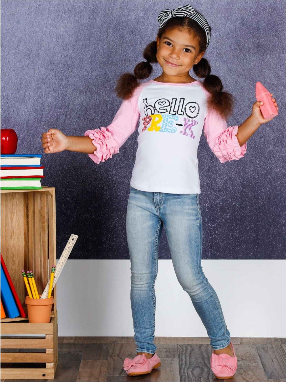 Toddlers Ruffle Sleeve Top & Distressed Jeans Set - Mia Belle Girls