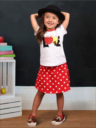 Girls 1st Day of School 1st Day of School Love Apple Print T-Shirt & Red Polka Dot Matching Skirt Set - Girls 1st Day of School