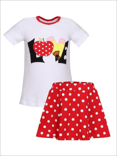 Girls 1st Day of School 1st Day of School Love Apple Print T-Shirt & Red Polka Dot Matching Skirt Set - Red / M-4T - Girls 1st Day of School