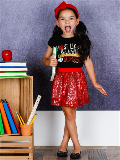 Girls 1st Day of School Most Likely to Rule the School Printed Flutter Sleeve Top & Sequin Skirt Set - Girls 1st Day of School
