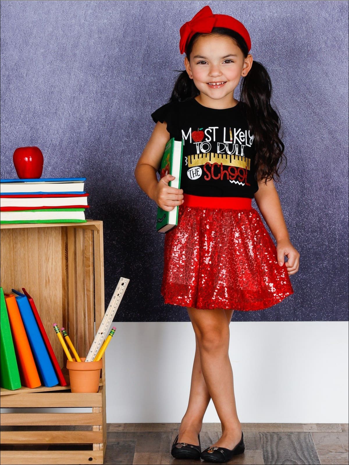 Girls 1st Day of School Most Likely to Rule the School Printed Flutter Sleeve Top & Sequin Skirt Set - Girls 1st Day of School