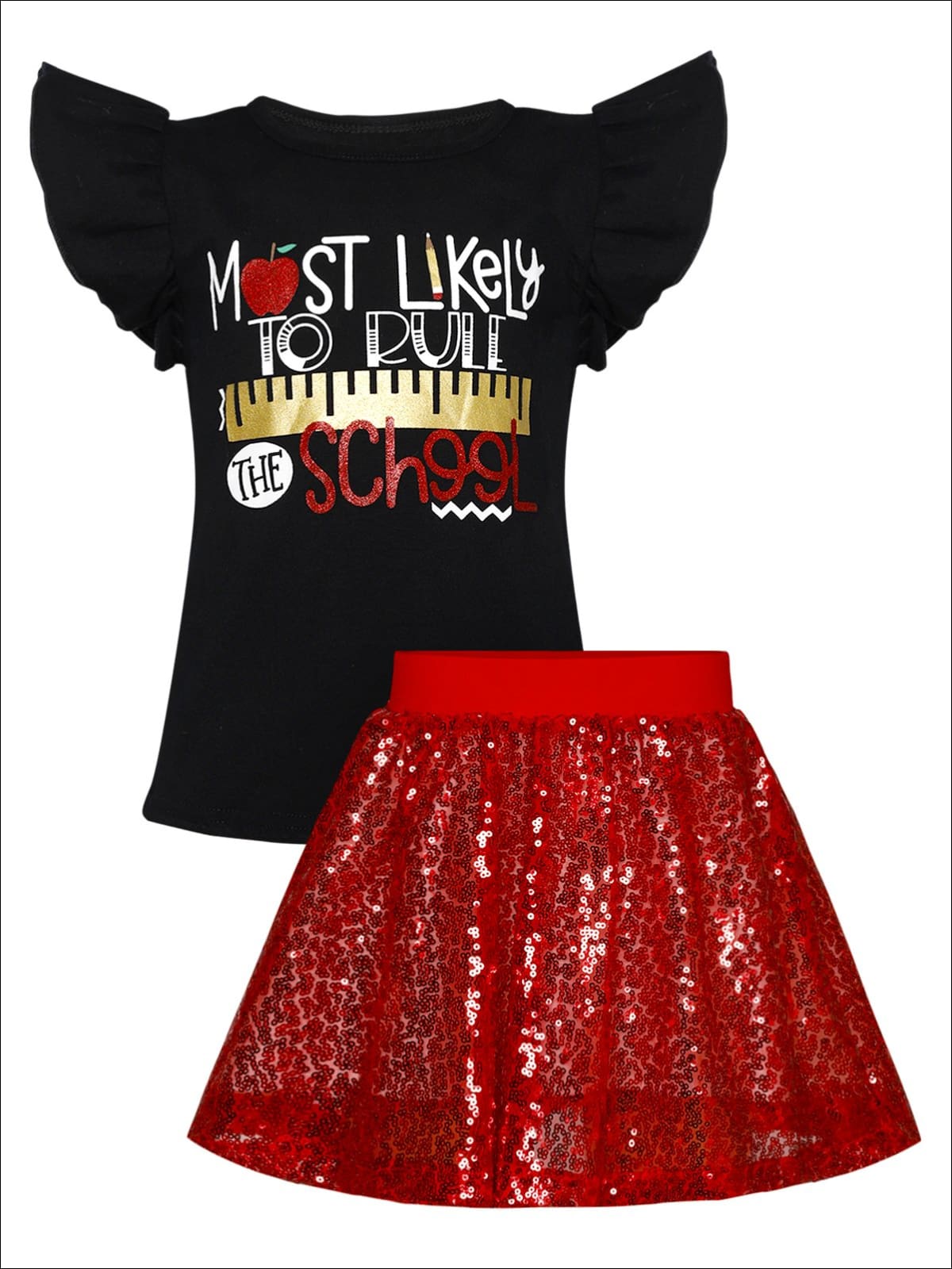 Girls 1st Day of School Most Likely to Rule the School Printed Flutter Sleeve Top & Sequin Skirt Set - Red / M-4T - Girls 1st Day of School