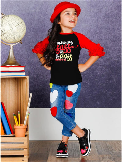 Girls 1st Day of School 1st Day of School Red & Black Long Ruffled Sleeve Bringing Sass to the Class Printed Color Block Top - Girls 1st Day