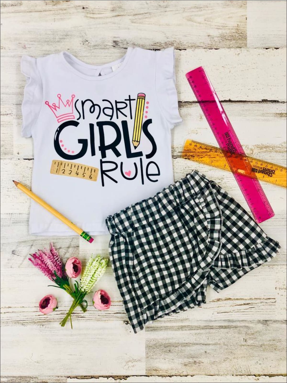 First Day of School | Girls Rule Top & Gingham Skort | Mia Belle Girls