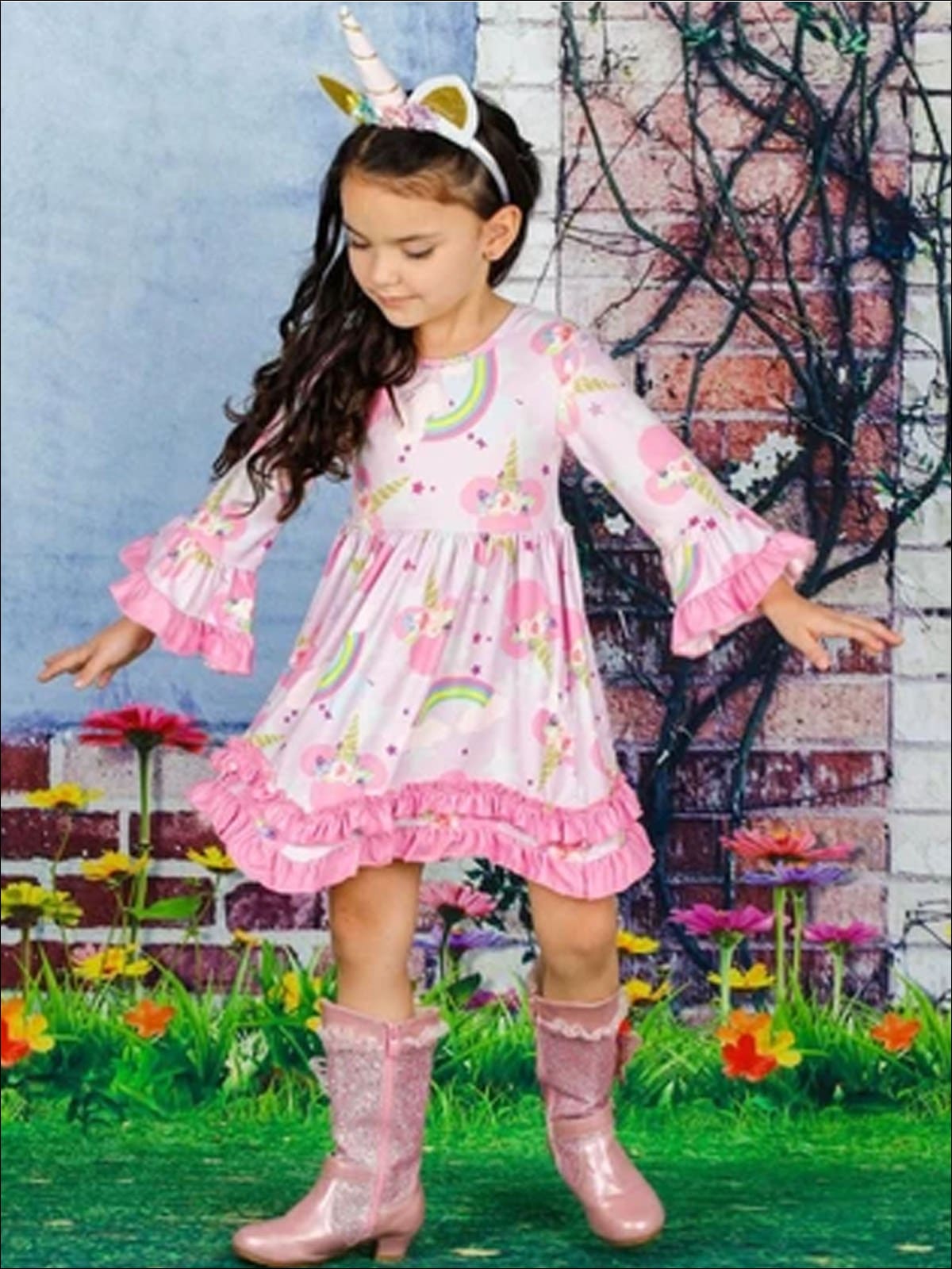 Girls 2-Tiered Crochet Long Flared Sleeve Unicorn Rainbow Dress - Girls Fall Casual Dress