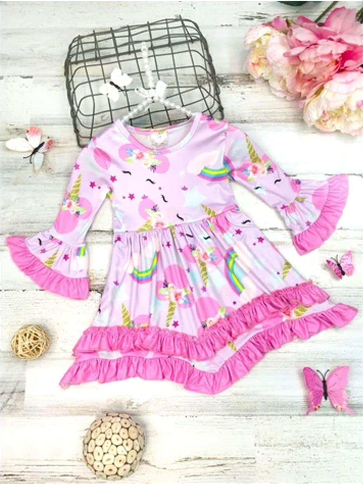 Girls 2-Tiered Crochet Long Flared Sleeve Unicorn Rainbow Dress - Girls Fall Casual Dress