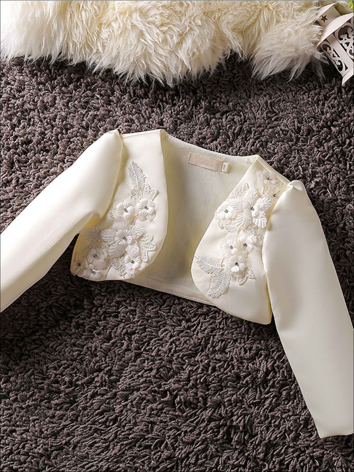 Girls 3D Flower Detail Satin Long Sleeve Bolero - Beige / 2T - Girls Jacket