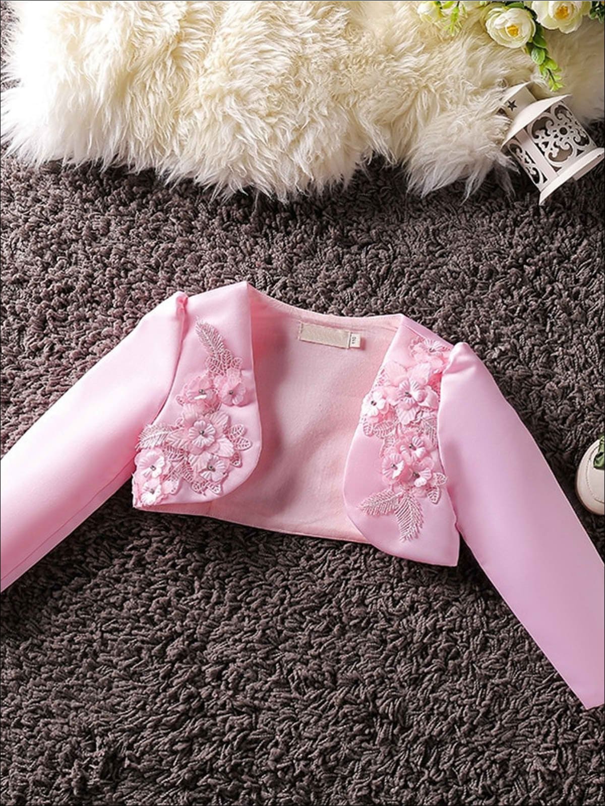 Girls 3D Flower Detail Satin Long Sleeve Bolero - Pink / 2T - Girls Jacket
