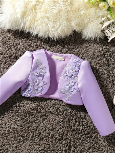 Girls 3D Flower Detail Satin Long Sleeve Bolero - Purple / 2T - Girls Jacket