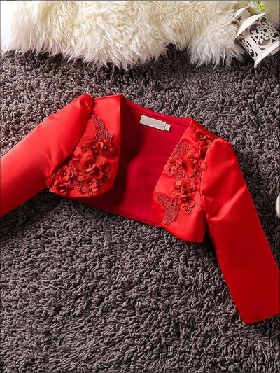 Girls 3D Flower Detail Satin Long Sleeve Bolero - Red / 2T - Girls Jacket