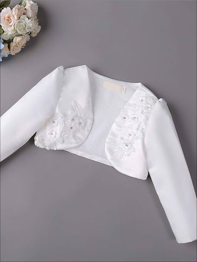 Girls 3D Flower Detail Satin Long Sleeve Bolero - White / 2T - Girls Jacket