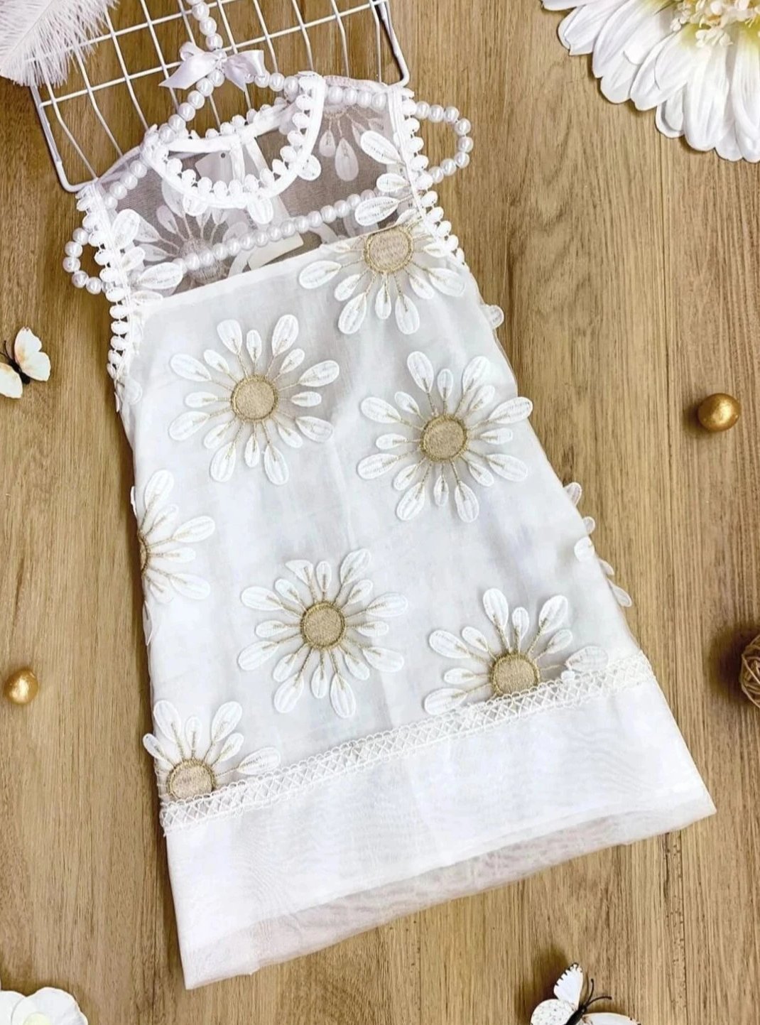 Girls Embroidery Sunflower Sleeveless Dress - White / 3T - Girls Spring Dressy Dress
